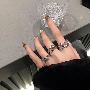 DAIIIBABYYY  -  Punk Silver Color Geometric Moonlight Stone Finger Rings for Women Korean Fashion Kpop Rhinestone Opening Ring Jewelry